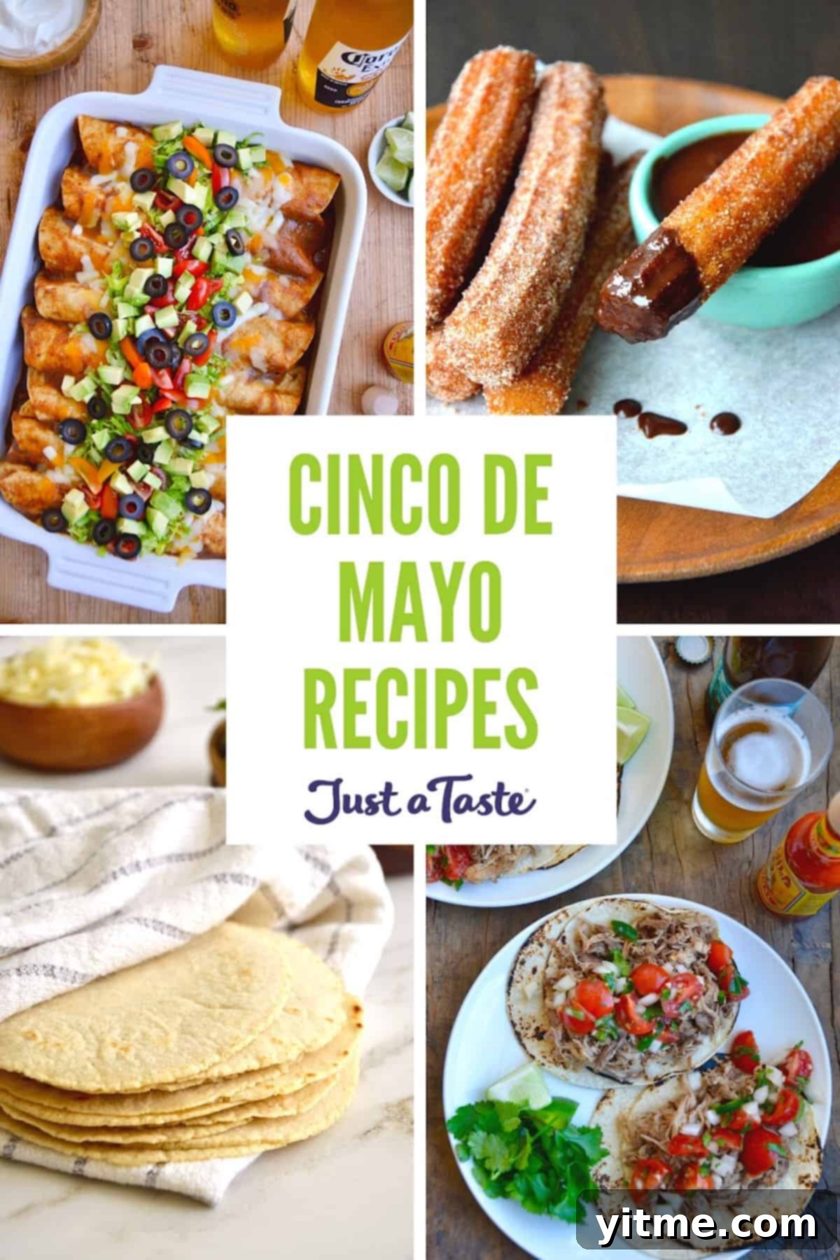 A vibrant collage of delicious Cinco de Mayo recipe images, featuring chicken enchiladas, crispy churros, flavorful carnitas on flour tortillas, and authentic corn tortillas, promising a diverse and festive culinary experience.