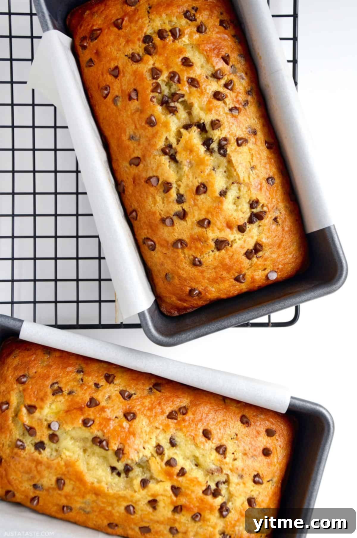 Two loaves of cake mix banana bread with mini chocolate chips