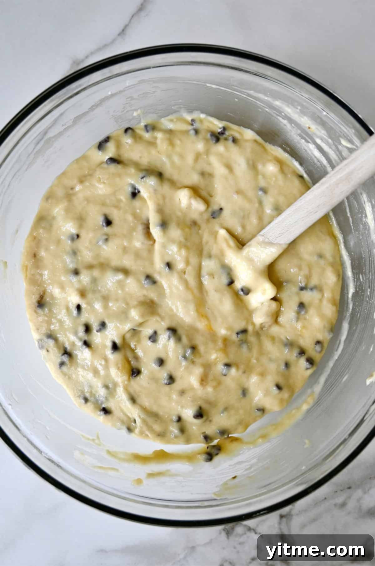 Cake mix banana bread batter with chocolate chips