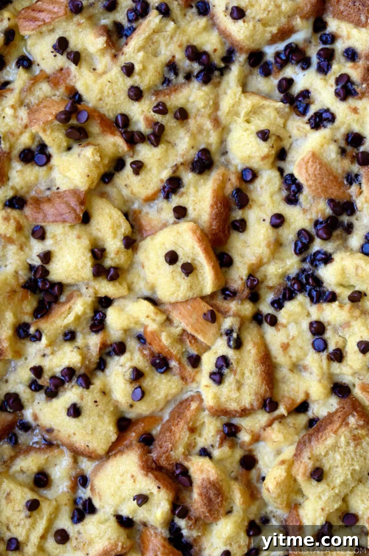 Freshly baked banana bread pudding with mini chocolate chips, ready to be served.