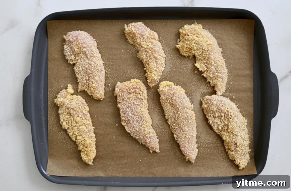 Citrus Glazed Baked Chicken Strips 3 Unbaked chicken tenders on a parchment paper-lined baking sheet, ready for the oven.