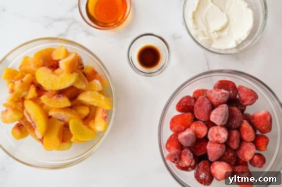 Ingredients for Healthy Greek Frozen Yogurt: fruit, yogurt, honey, and vanilla extract