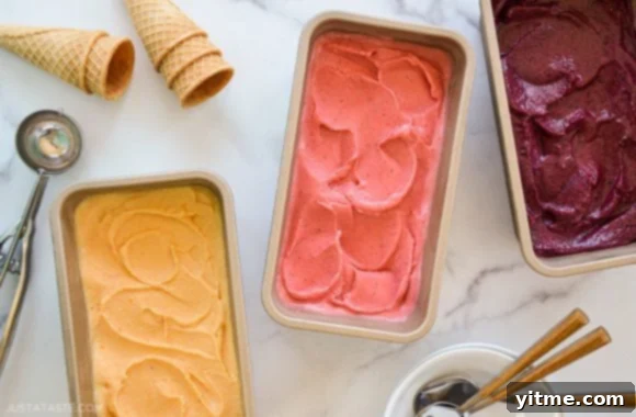 Three flavors of healthy Greek frozen yogurt with ice cream cones and a scoop