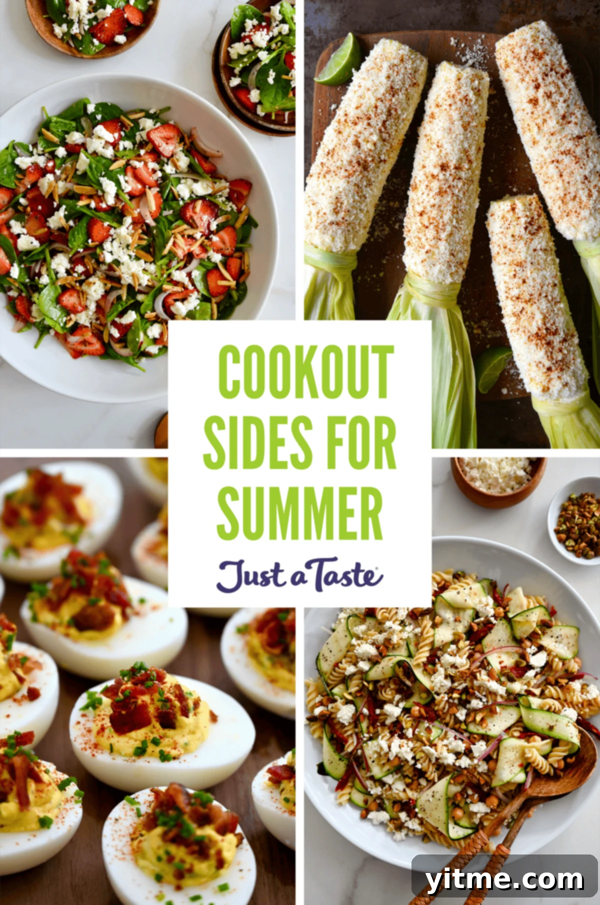 Collage of summer cookout side dishes, including strawberry spinach salad with feta cheese, parmesan corn on the cob, zucchini pasta salad and deviled eggs with bacon.