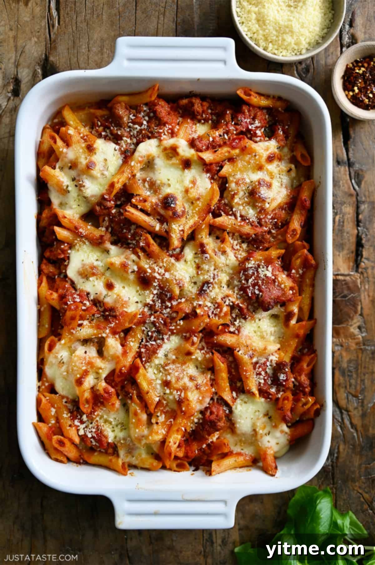 A white baking dish containing baked penne with sausage garnished with grated Parmesan cheese.