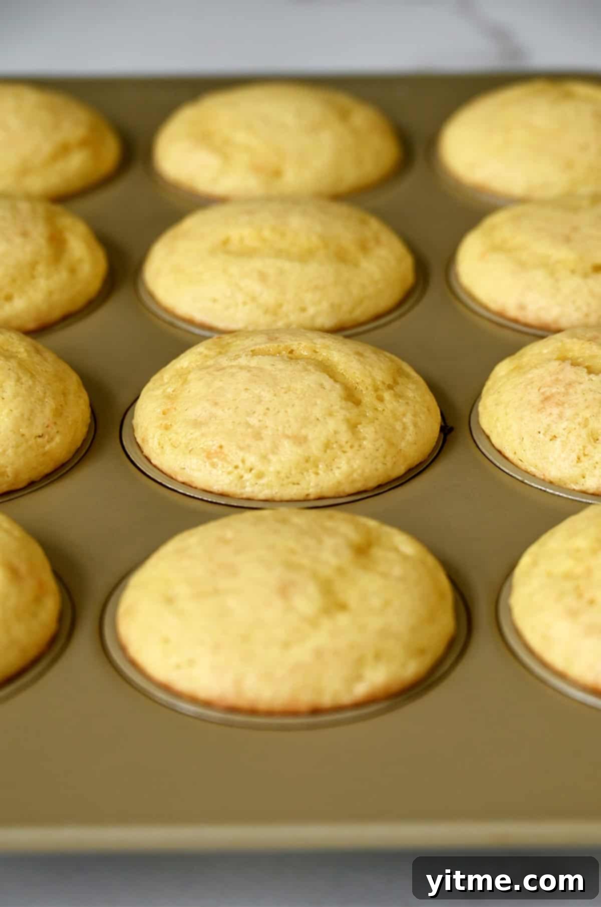 Vanilla cupcakes made from cake mix in a muffin tin.