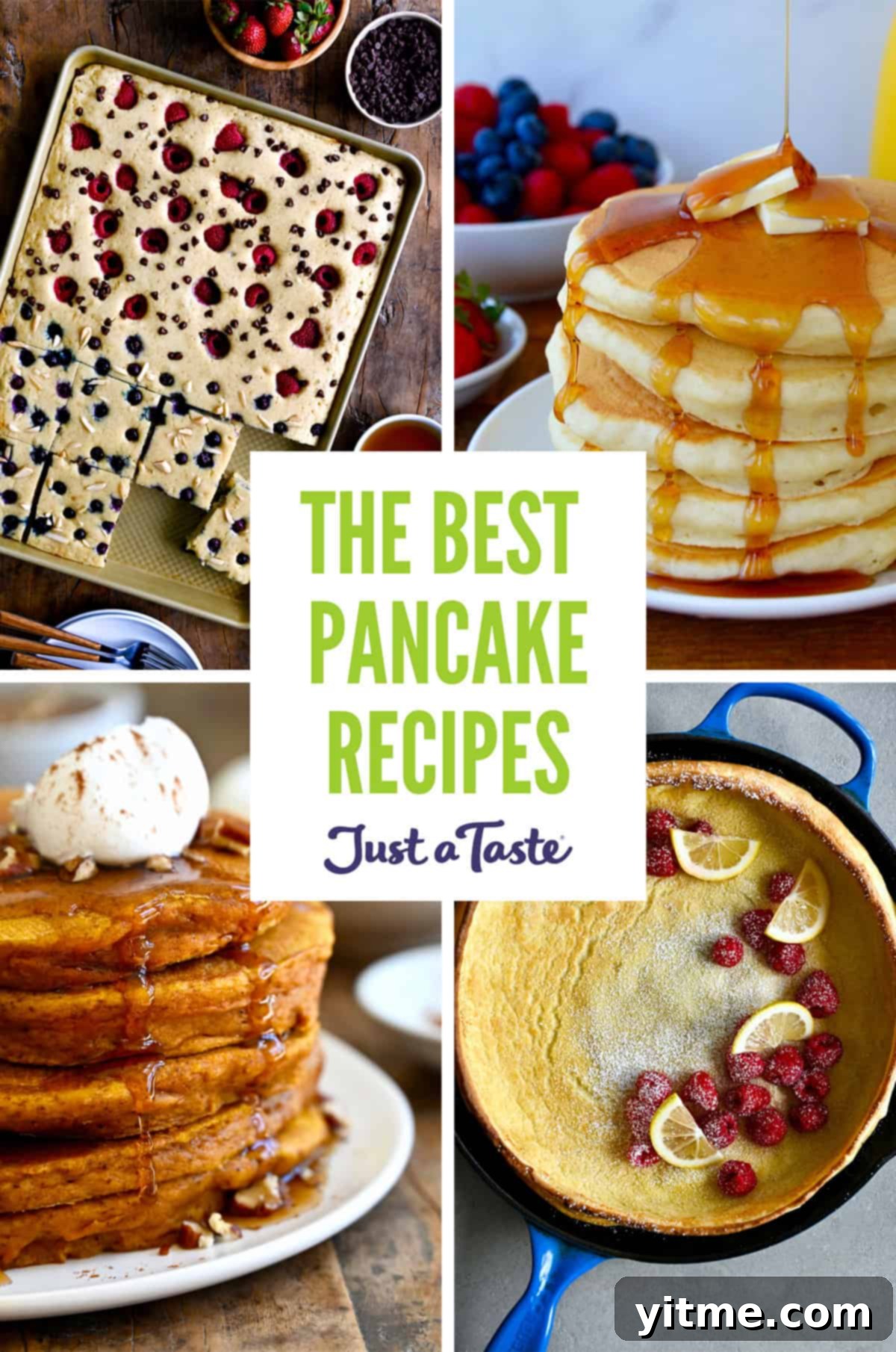 A collage of pancake recipes: Sheet pan pancakes, buttermilk pancakes, Dutch baby and pumpkin pie pancakes.