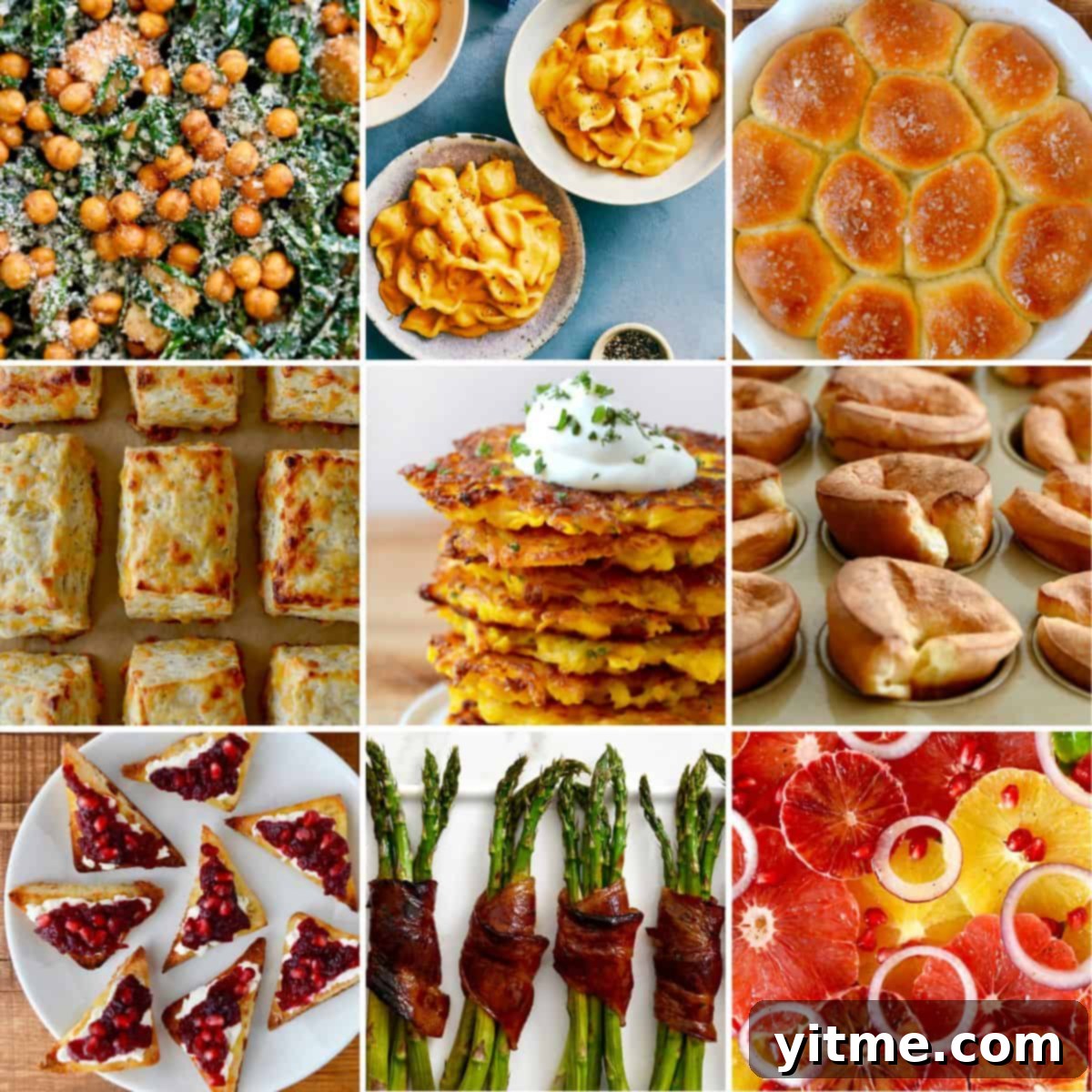 A delightful array of Thanksgiving side dishes, including kale salad, pumpkin mac and cheese, dinner rolls, citrus salad, and butternut squash fritters.