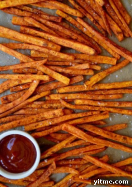 Baked sweet potato fries with ketchup.
