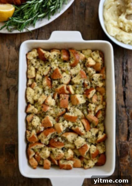 Homemade stuffing in a baking dish.