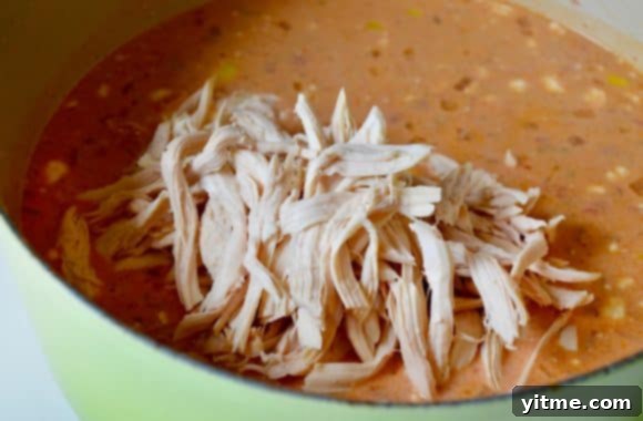 A green stock pot containing chowder and shredded chicken