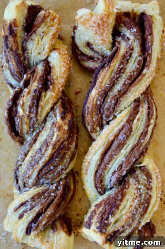 Decadent Chocolate Swirls 11 A close-up of Nutella twists made with puff pastry and sanding sugar on top