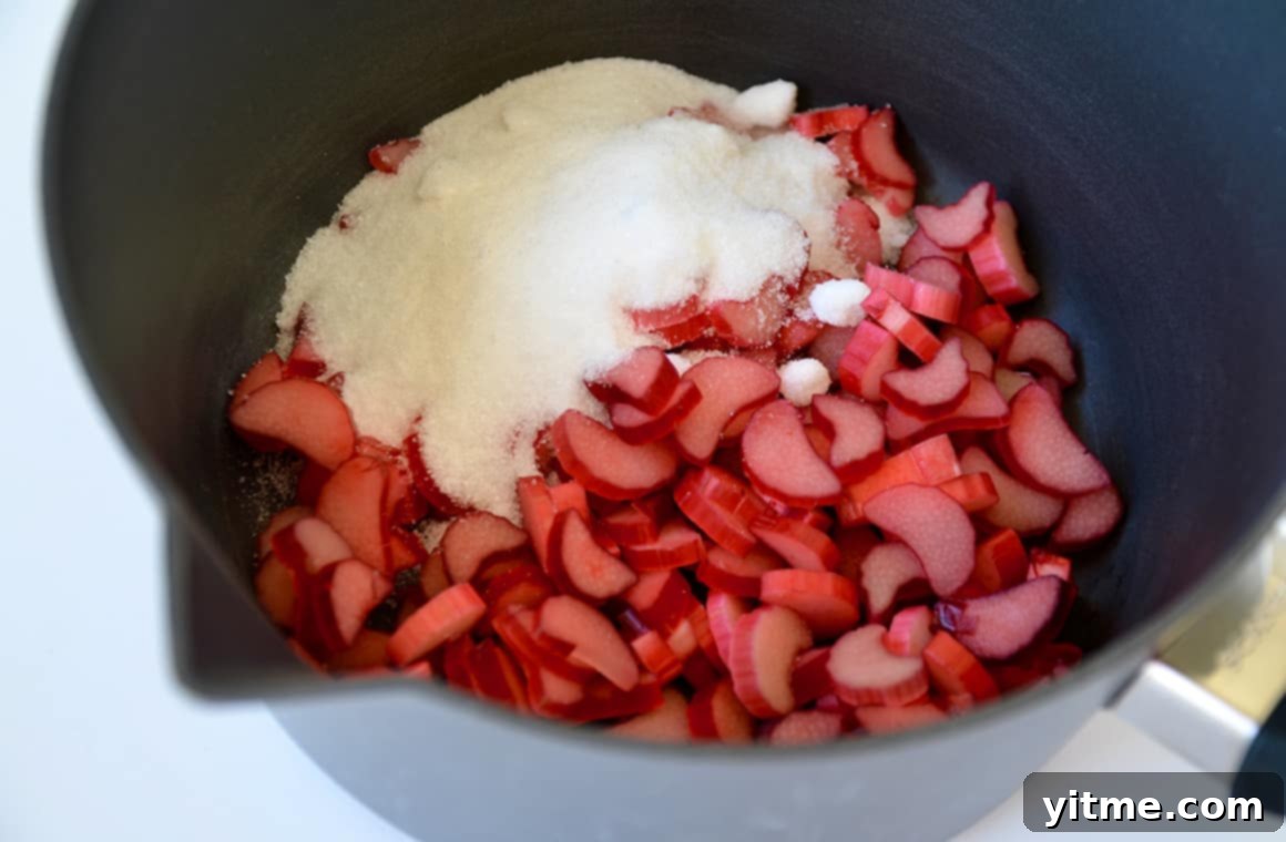 Diced rhubarb and sugar in a medium saucepan