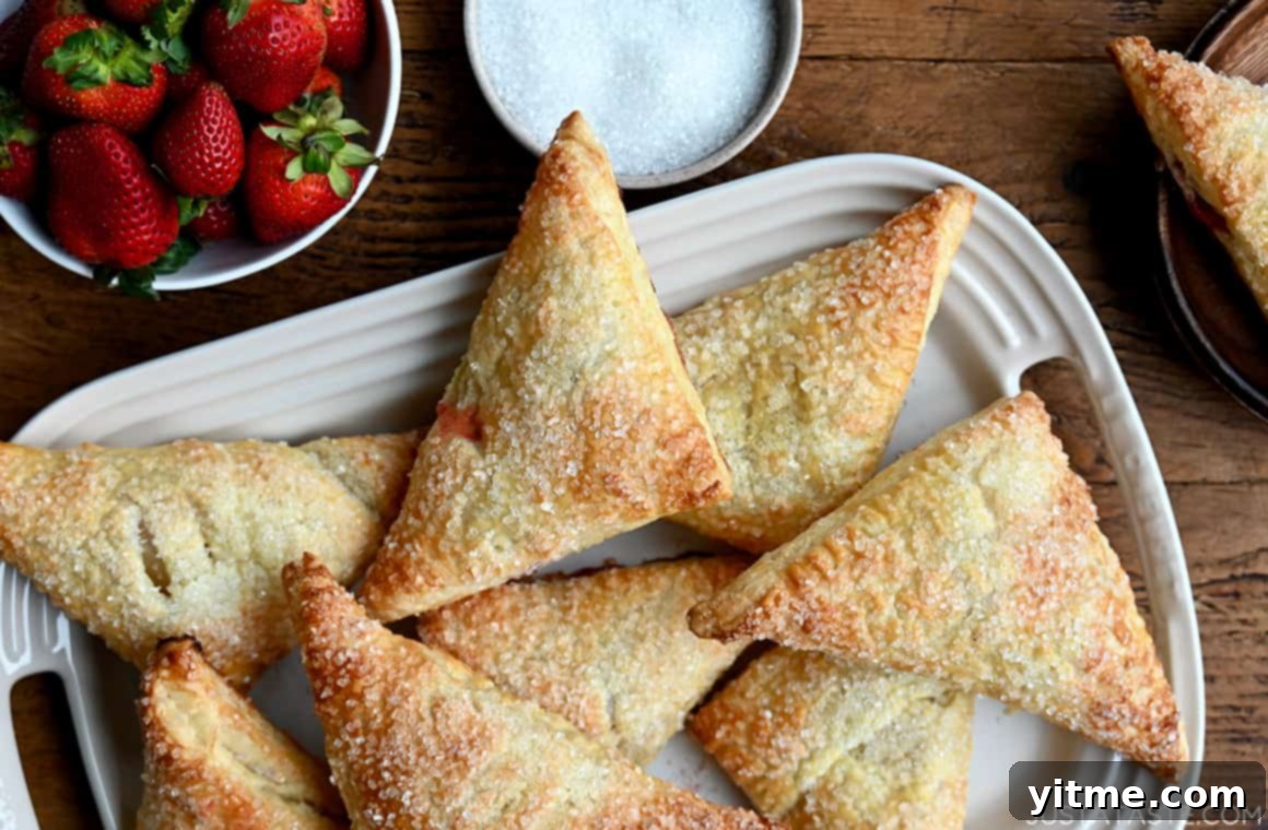 A top-down view of rhubarb turnovers on a white serving platter next to a bowl filled with fresh strawberries
