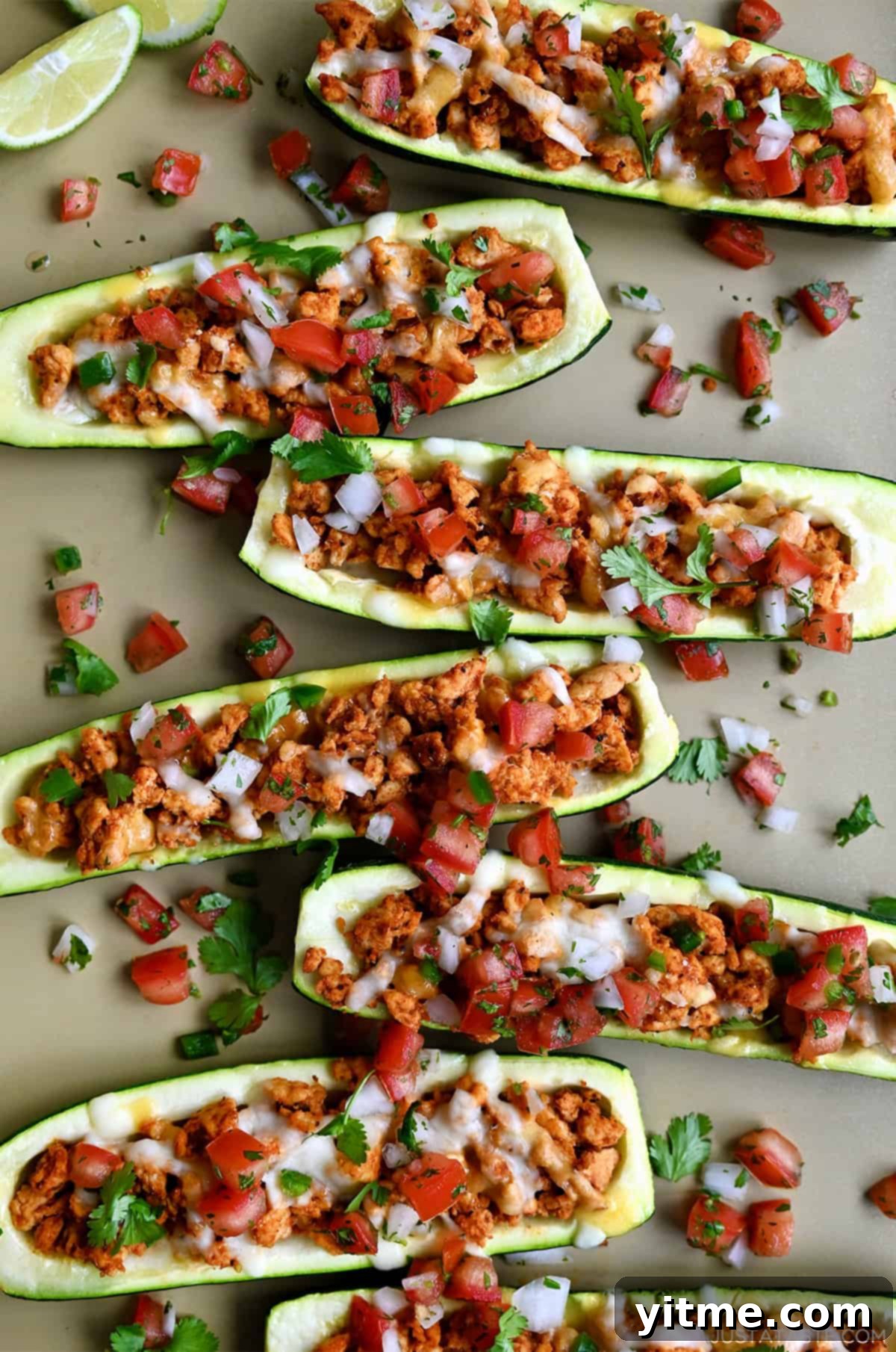 Deliciously Healthy Stuffed Zucchini Boats 2 Healthy Zucchini Boats filled with taco-seasoned ground turkey, cheese, and topped with fresh cilantro and pico de gallo on a baking sheet.