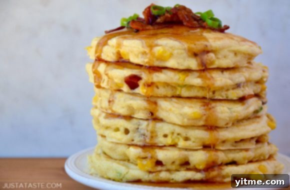 Sweet Corn Fritters with Crispy Bacon 6 The best sweet corn pancakes with bacon topped with warm maple syrup