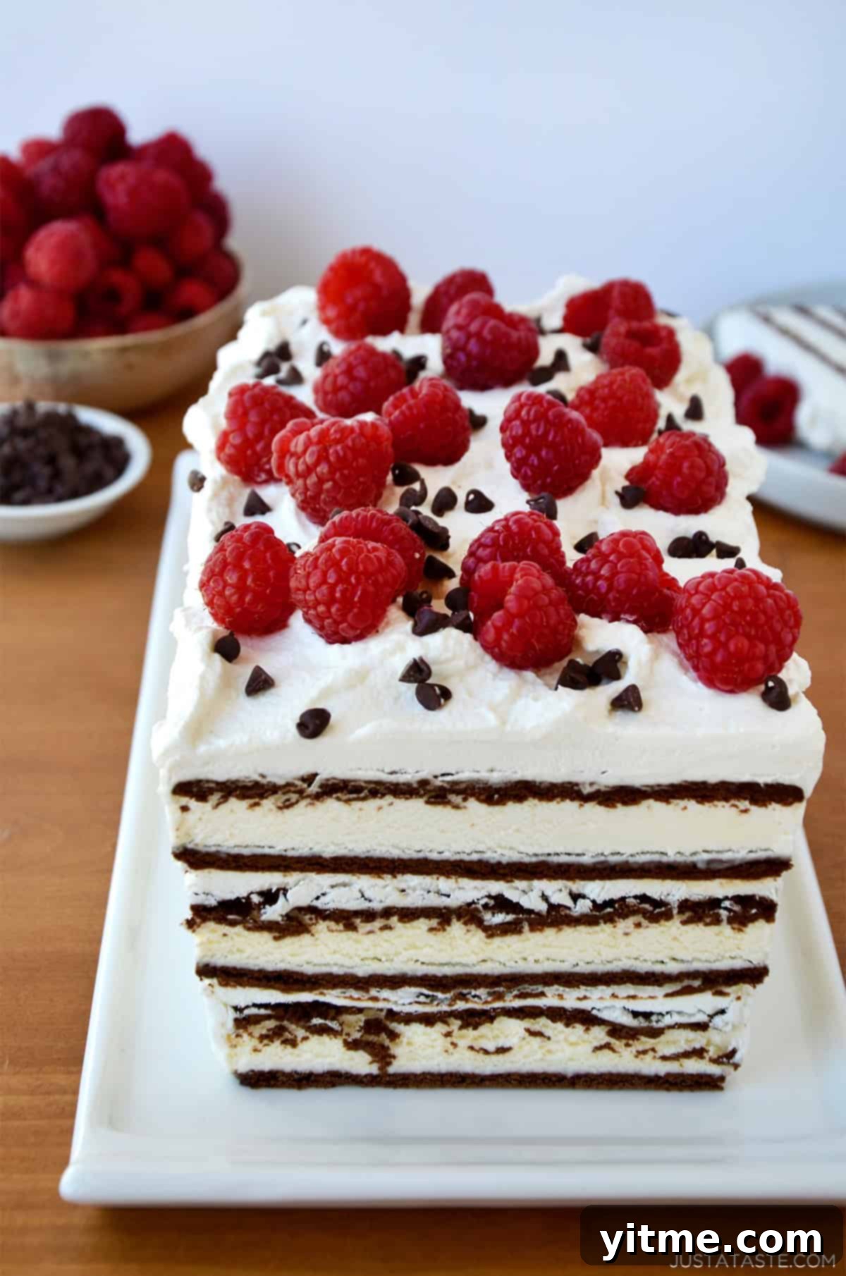 Ice cream sandwich cake with layers of whipped cream and topped with fresh raspberries and mini chocolate chips.