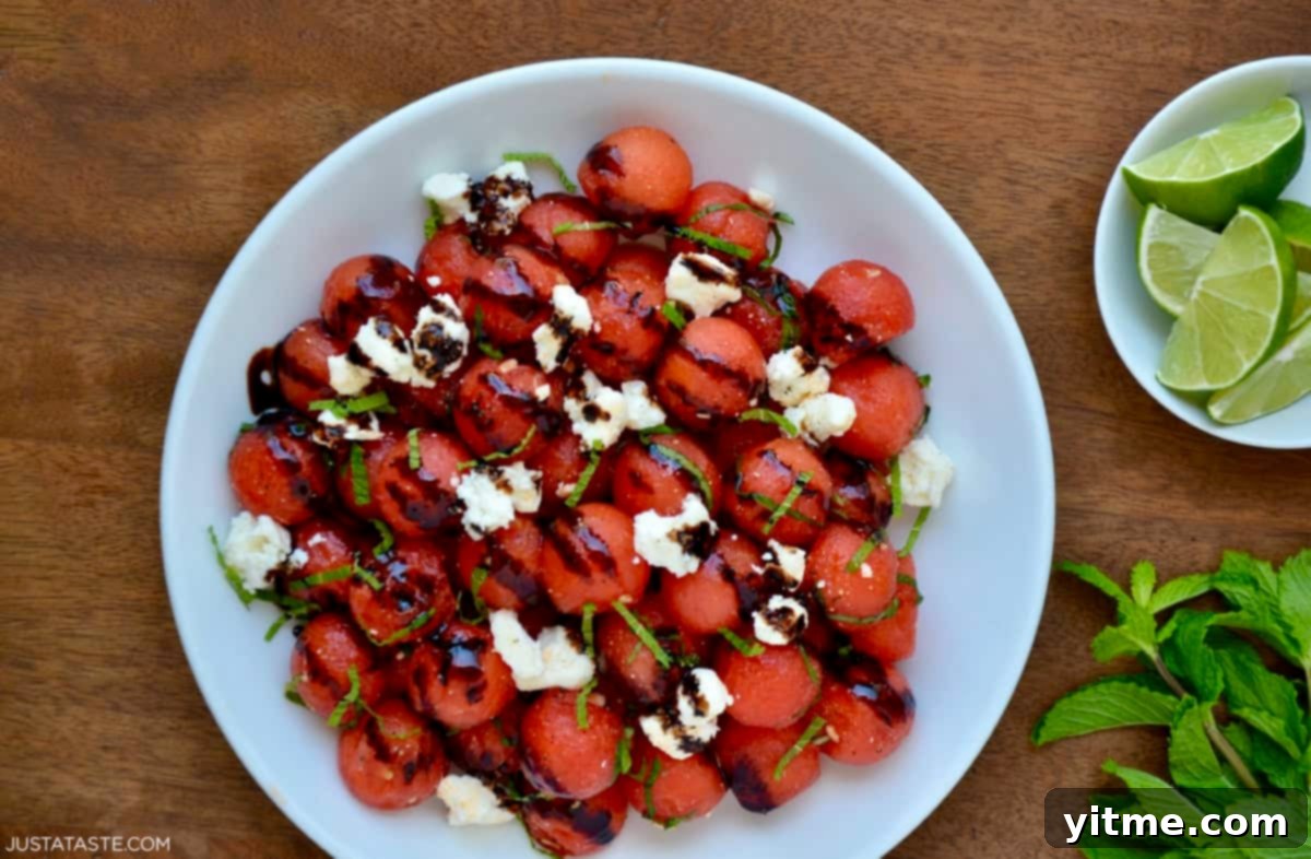 Watermelon feta salad with mint, lime dressing, and balsamic drizzle
