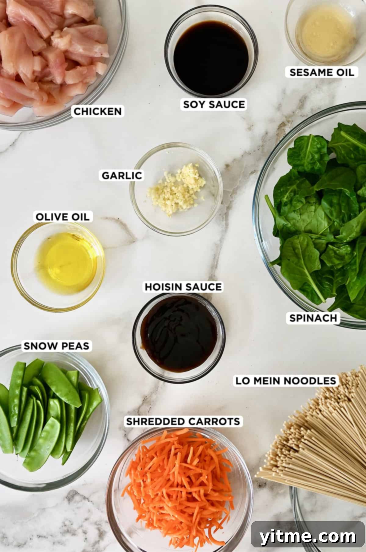 Ingredients for Chicken Lo Mein including noodles, chicken, vegetables, and sauces.
