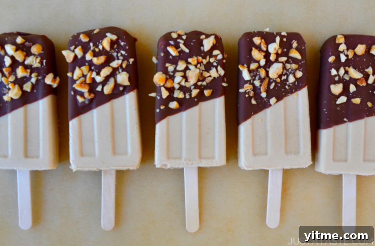 Creamy Peanut Butter Fro-Yo Pops 6 A row of peanut butter frozen yogurt pops that have been dipped in chocolate and sprinkled with chopped peanuts.