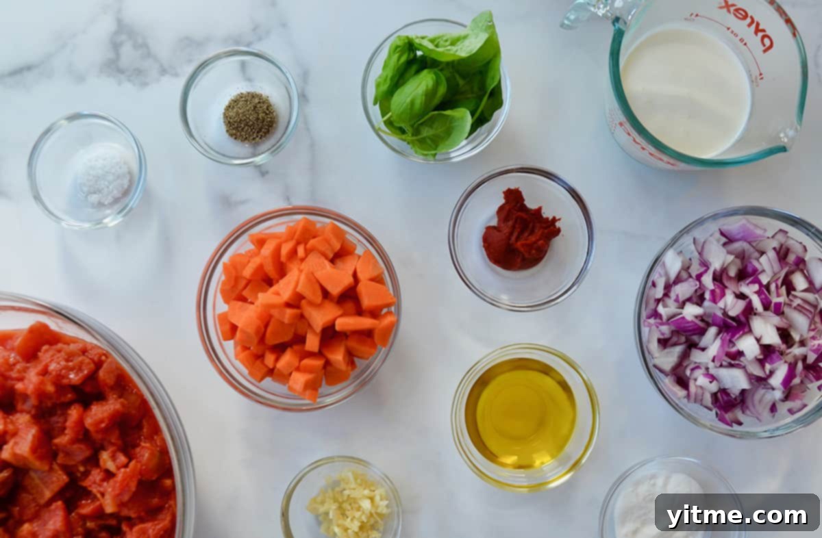 Glass bowls are filled with ingredients for creamy tomato soup, including finely diced carrots, golden olive oil, vibrant basil leaves, whole canned San Marzano tomatoes, chopped red onions, rich heavy cream, and various seasonings.