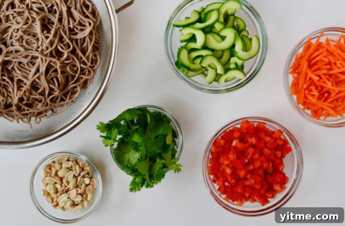 A colander full of cooked soba noodles and small bowls of peanuts, cilantro, diced red bell pepper, sliced cucumber and julienned carrots, ready for assembly.