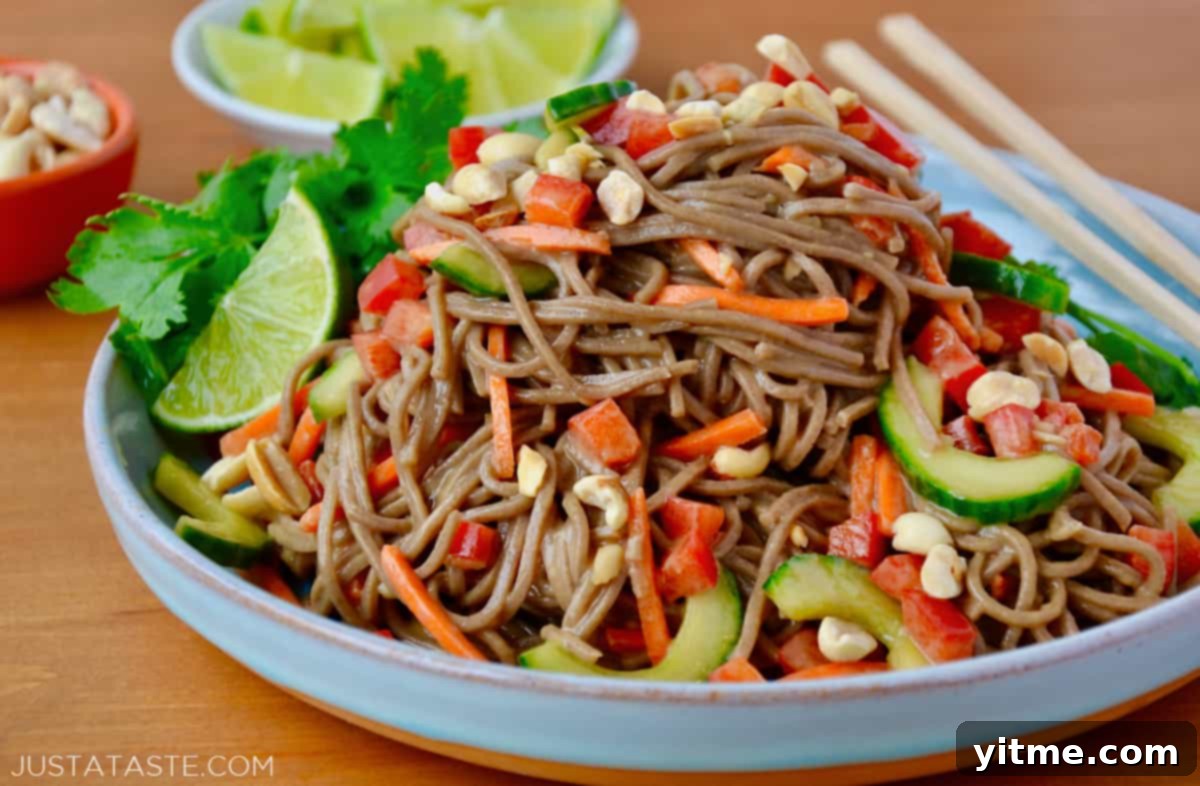 A vibrant soba noodle salad topped with crushed peanuts and fresh cilantro in a wide dinner bowl. Chopsticks rest on the rim, with a quartered lime adding a fresh touch on the side.