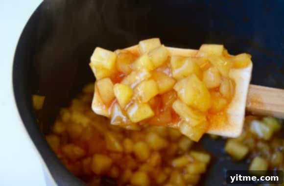 Apple Pie Filling on a Spatula and in a Sauce Pan, Ready for Egg Rolls