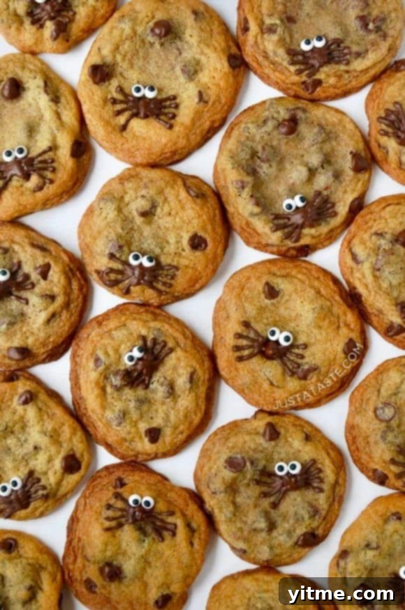 Spider Chocolate Chip Cookies arranged on a white background