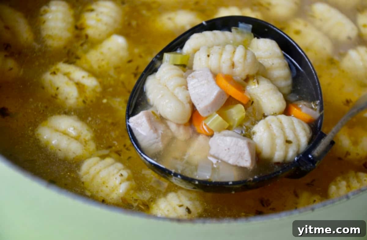A ladle scoops tender chicken gnocchi soup out of a large stockpot, ready for serving.