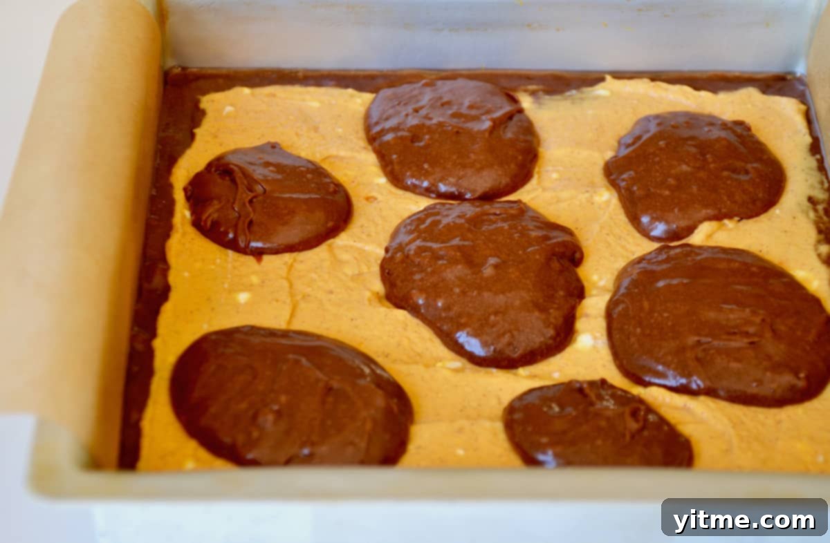 Pumpkin cheesecake brownies batter in a pan.