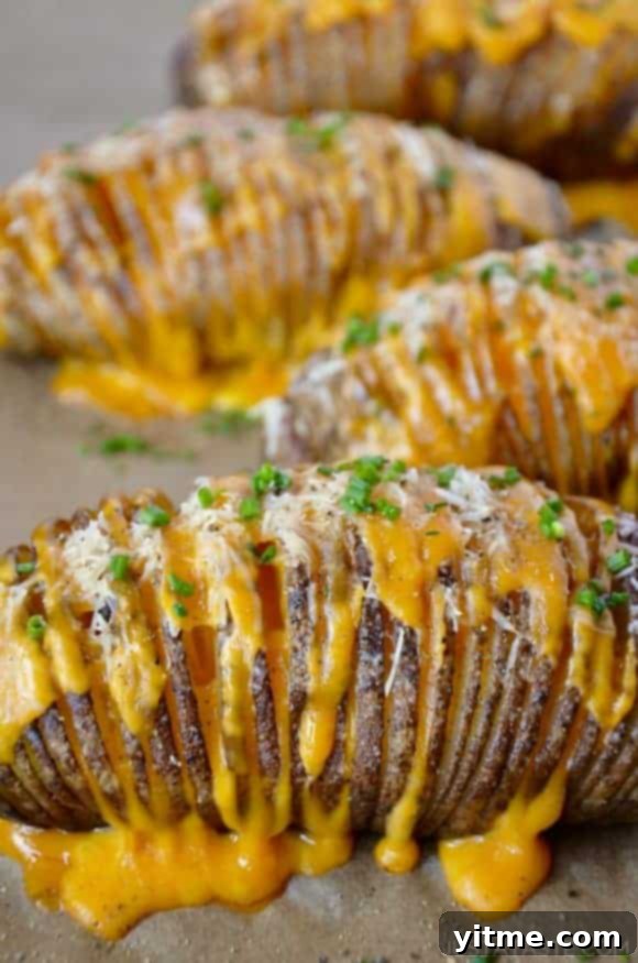 Golden brown Hasselback potatoes filled with melted cheese on a baking sheet, garnished with fresh chives.