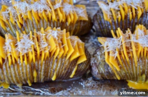Hands carefully filling the sliced crevices of a Hasselback potato with squares of cheddar cheese.