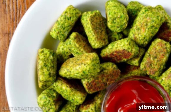 Easy Baked Broccoli Tots served on a white plate with a small bowl of ketchup for dipping.