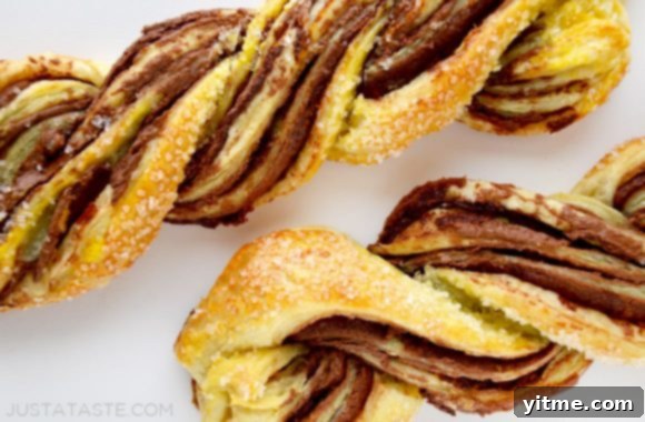 Two golden-brown puff pastry twists, generously filled with melted chocolate, resting on a clean white background.