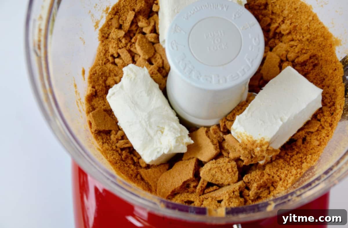 Cream cheese and gingersnap cookie crumbs in a food processor.