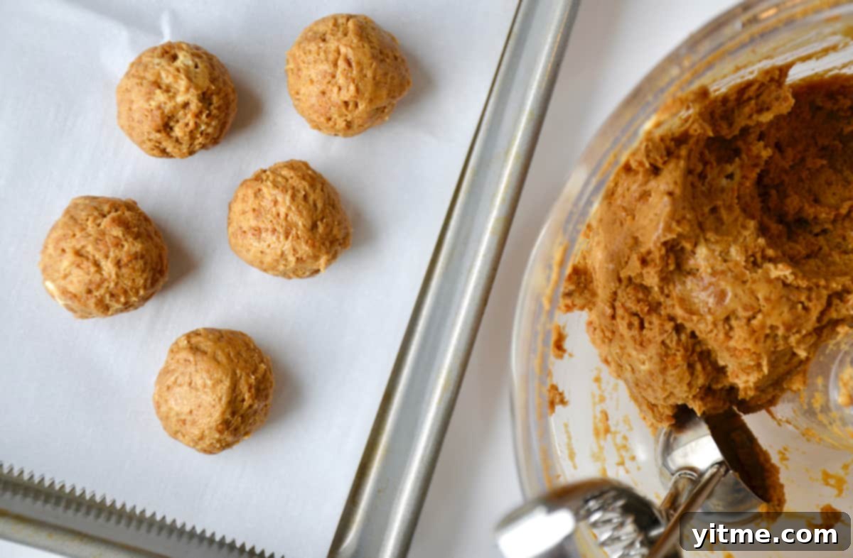 Gingerbread cookie balls on a baking sheet.