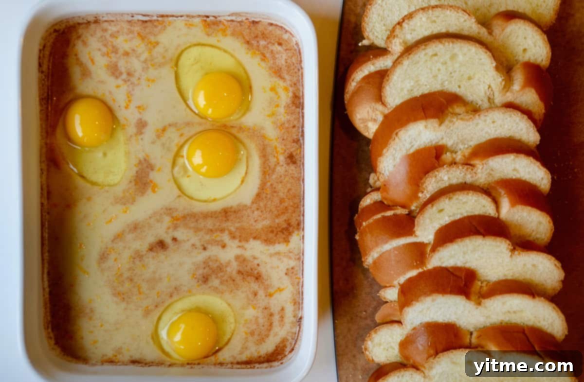 Ingredients for challah french toast: eggs, milk, cinnamon, brown sugar, and challah bread