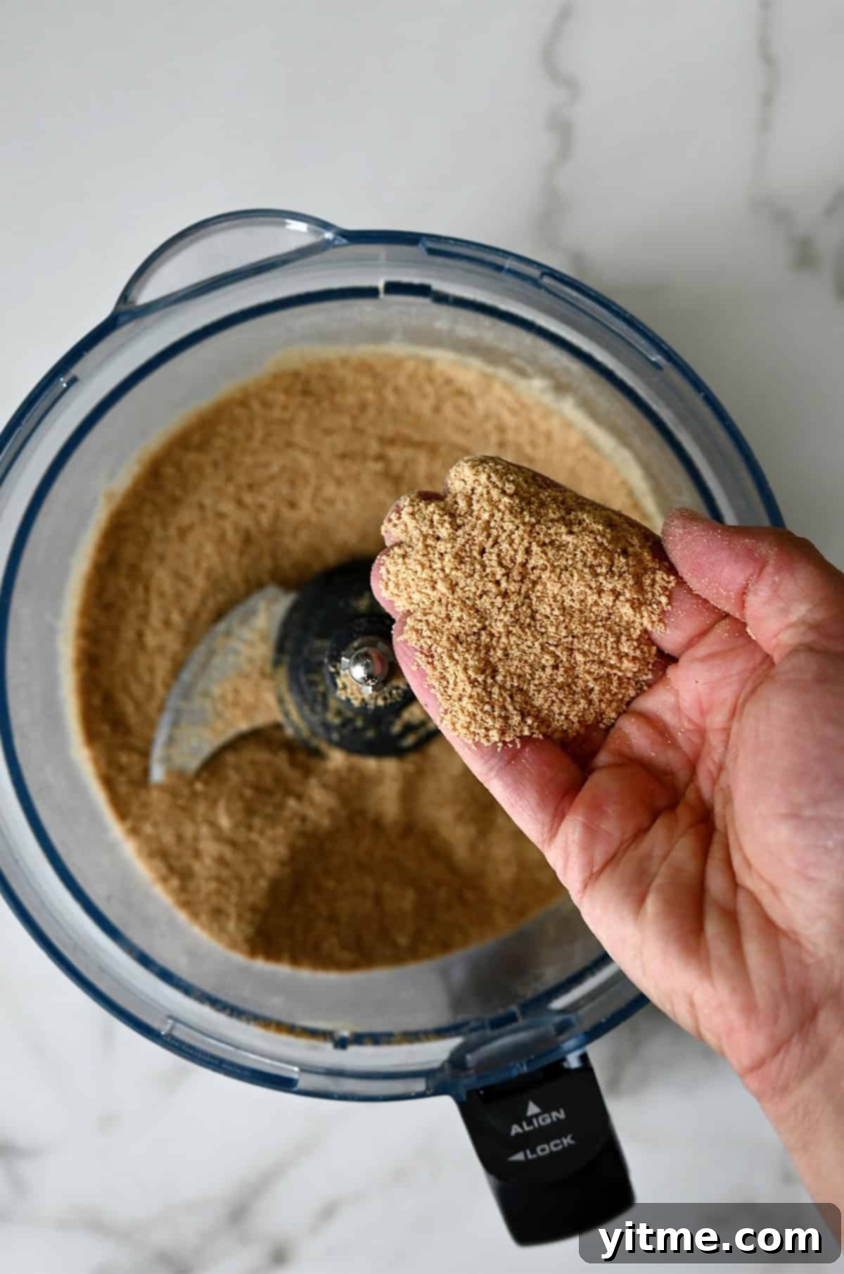 A hand holds finely ground graham cracker crumbs above a food processor.