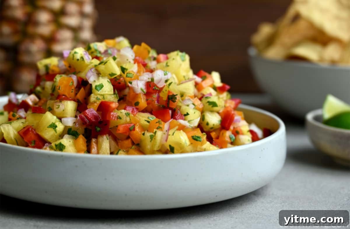 A white bowl filled with perfectly prepared pineapple salsa, showcasing its fresh and colorful ingredients.