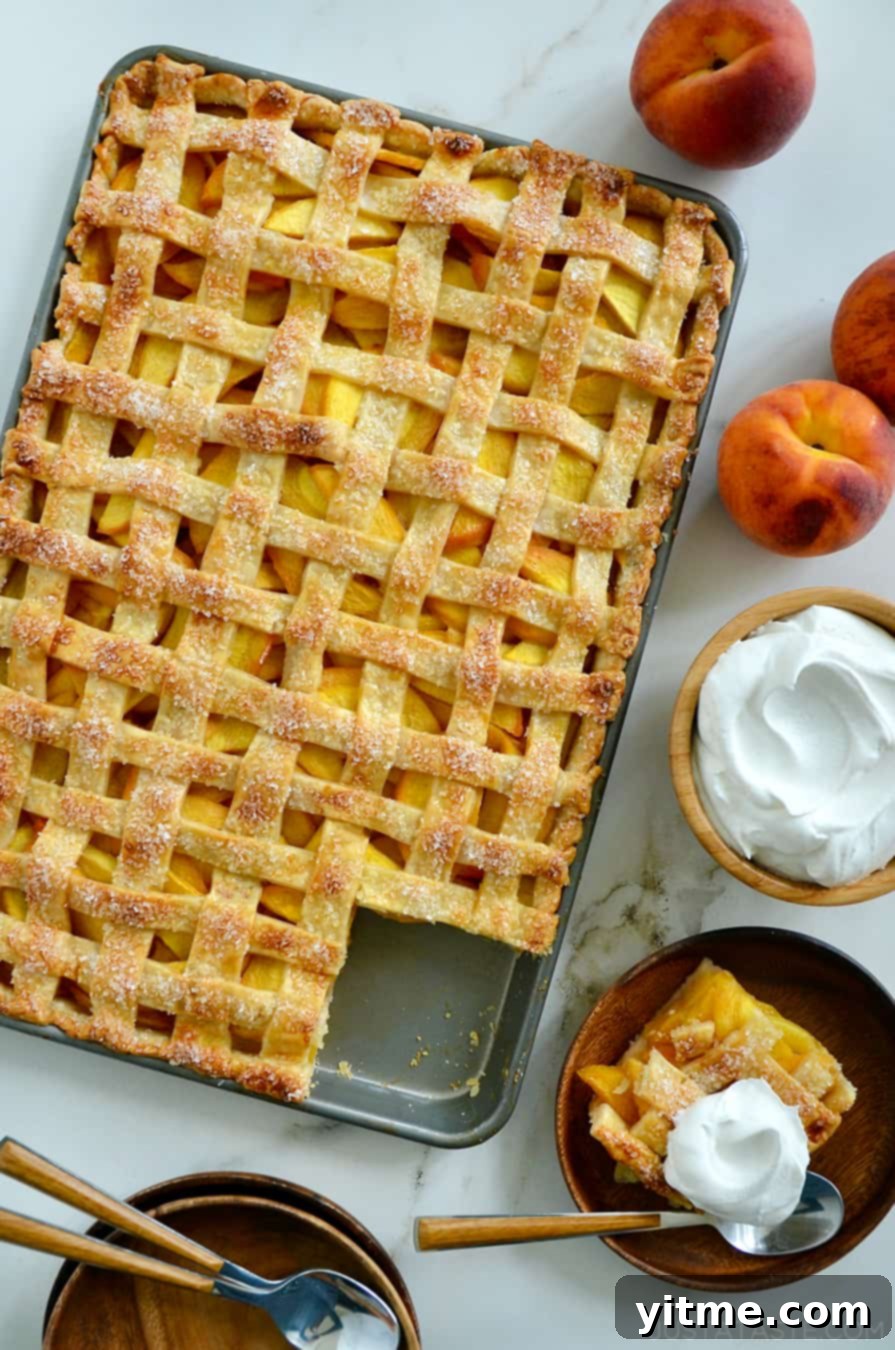 A delicious Easy Peach Slab Pie surrounded by whipped cream and fresh peaches