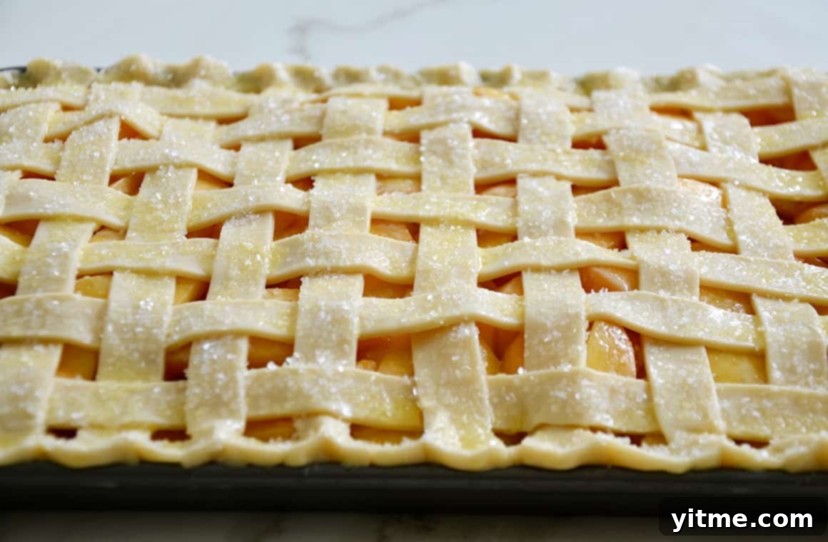 Close-up of a lattice pie crust with sparkling sanding sugar