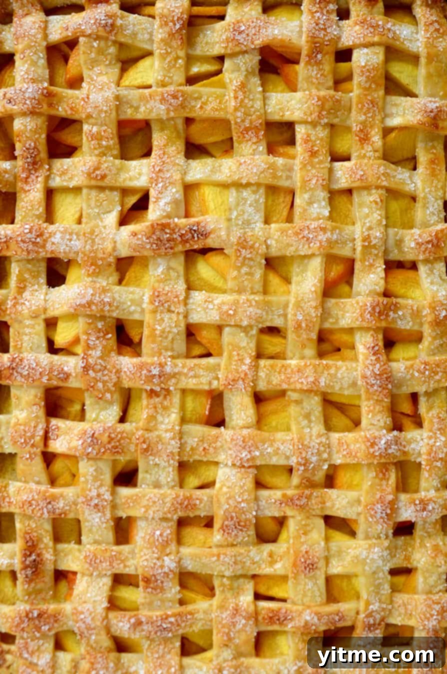 Close-up of a slice of peach slab pie with lattice crust and juicy peach filling