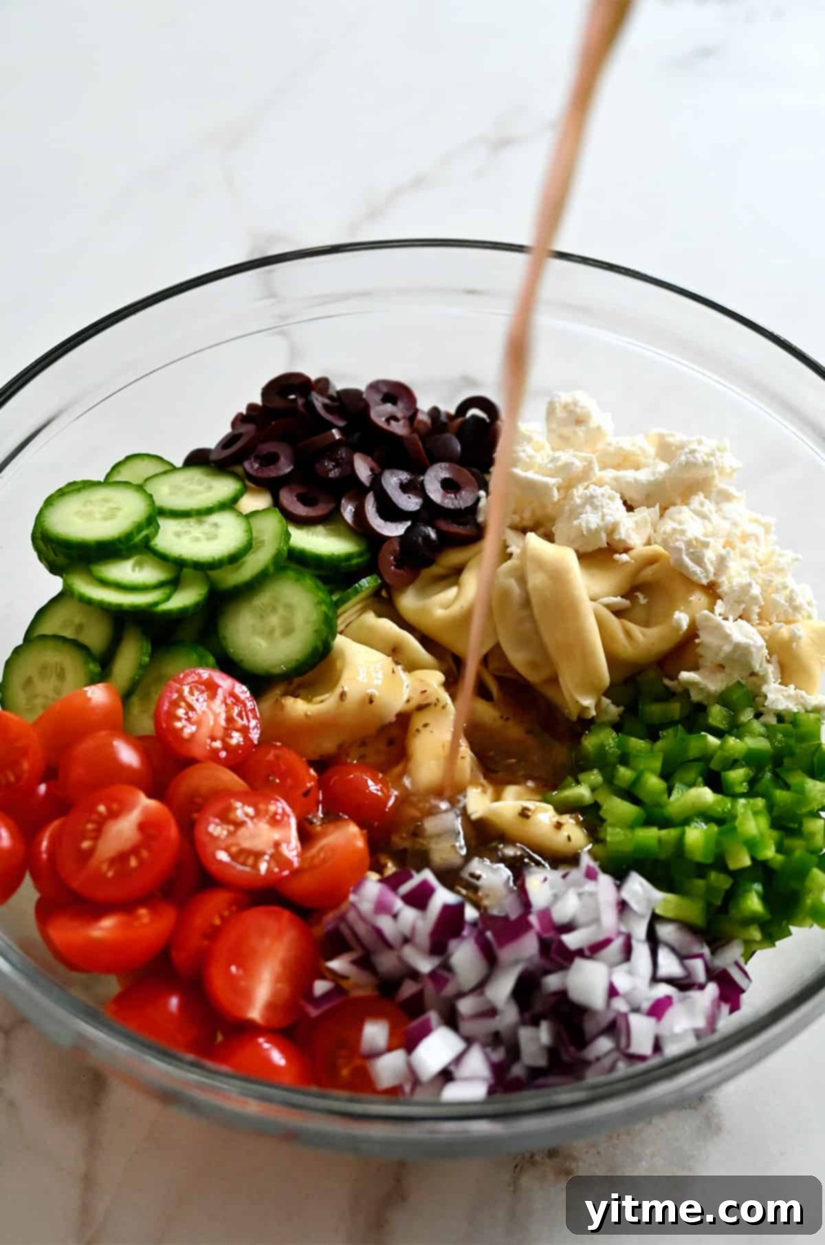 Adding Red Wine Vinaigrette to Greek Tortellini Pasta Salad