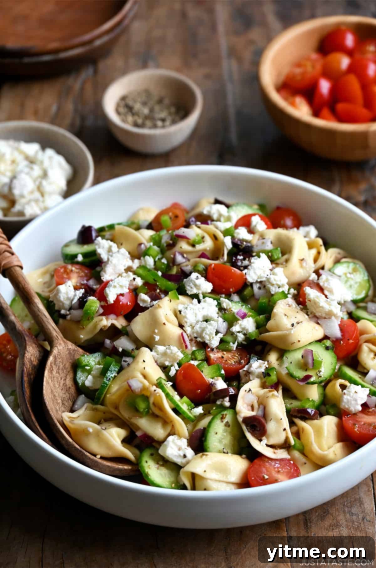 Greek Tortellini Pasta Salad in a serving bowl