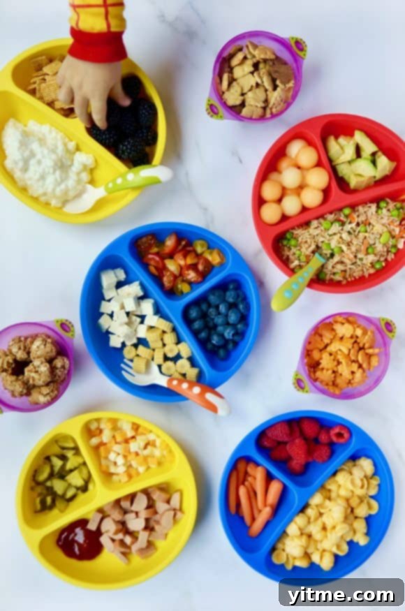 Fun and Healthy Food Creations for Kids 4 Various plates of kid food ideas with a child's hand reaching into one