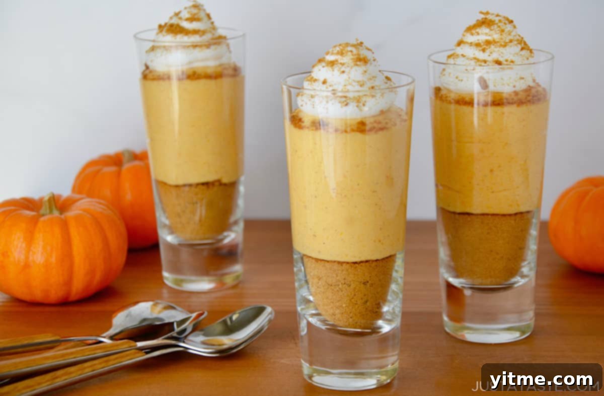 Three serving glasses filled with layers of cookie crumbs, no-bake pumpkin cheesecake and whipped cream. Spoons and three small pumpkins are beside the glasses.