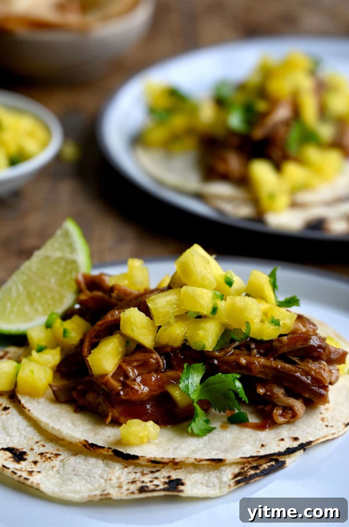 Shredded pulled pork with pineapple chunks, and a sweet and savory sauce on tortillas