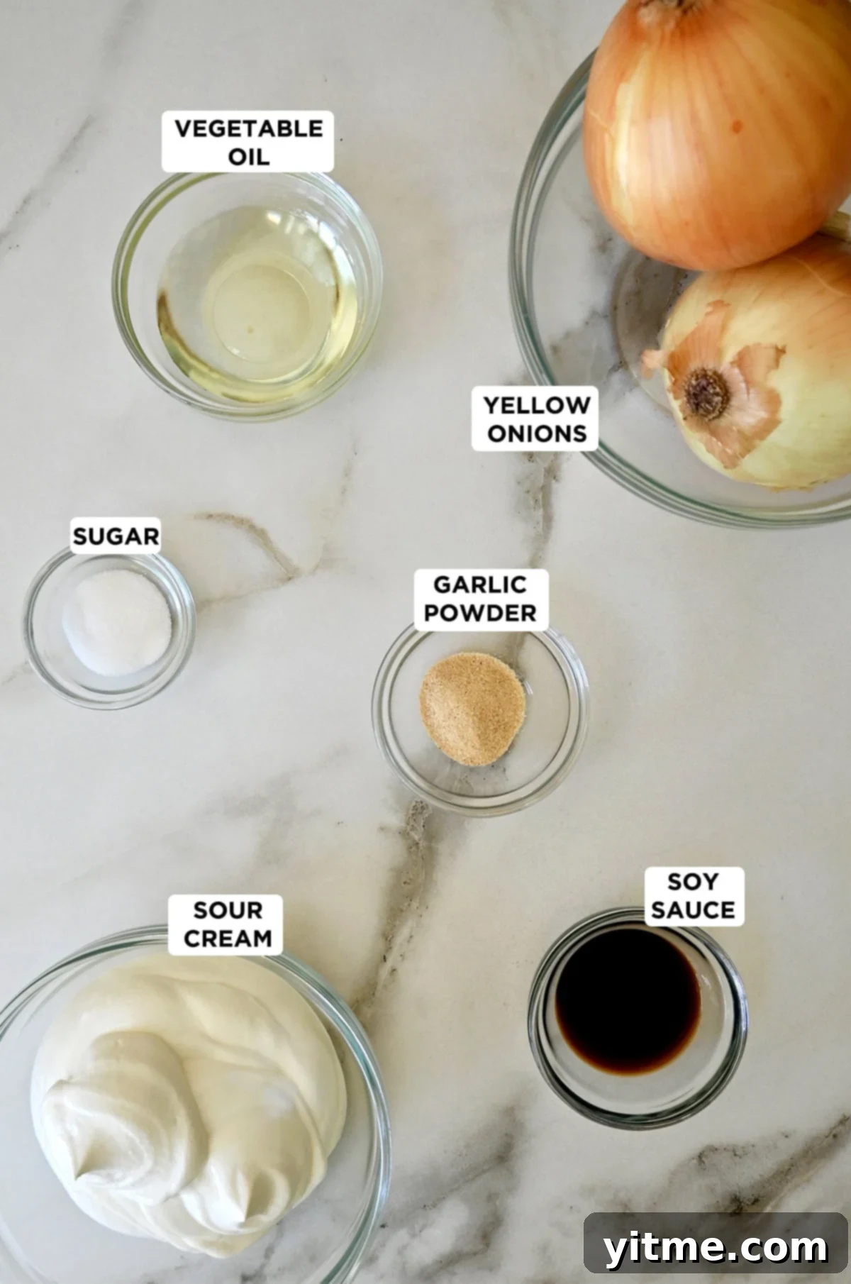 Elevated Homemade French Onion Dip 3 Ingredients for homemade French onion dip, including onions, vegetable oil, garlic powder, soy sauce, sour cream, and sugar.