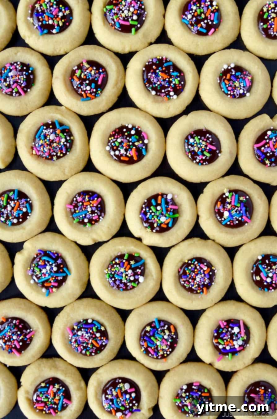 A top down view of chocolate thumbprint cookies